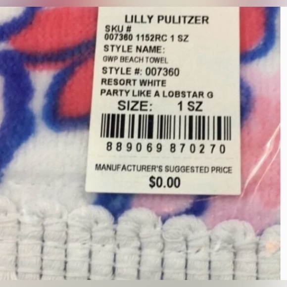 NWT/NIP Lilly Pulitzer Beach Towel Resort White Party Like a Lobster G 30Wx60L - Picture 5 of 10